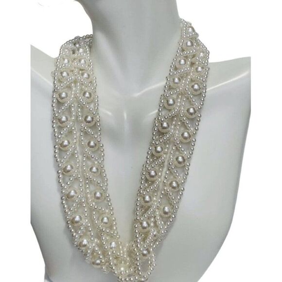 Vintage Crocheted Intertwined White Faux Pearl Stranded Women’s Necklace 32” - Picture 8 of 8